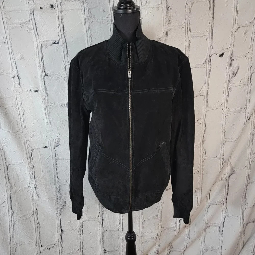 SUEDE Leather Jacket Banded Cuffs Interior Pockets Classic Fit High Neck‎ Sz M